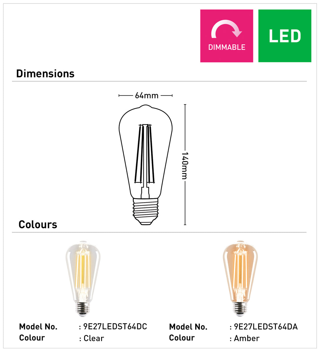 ST64 2700K E27 Pear Filament LED Globe - Amber