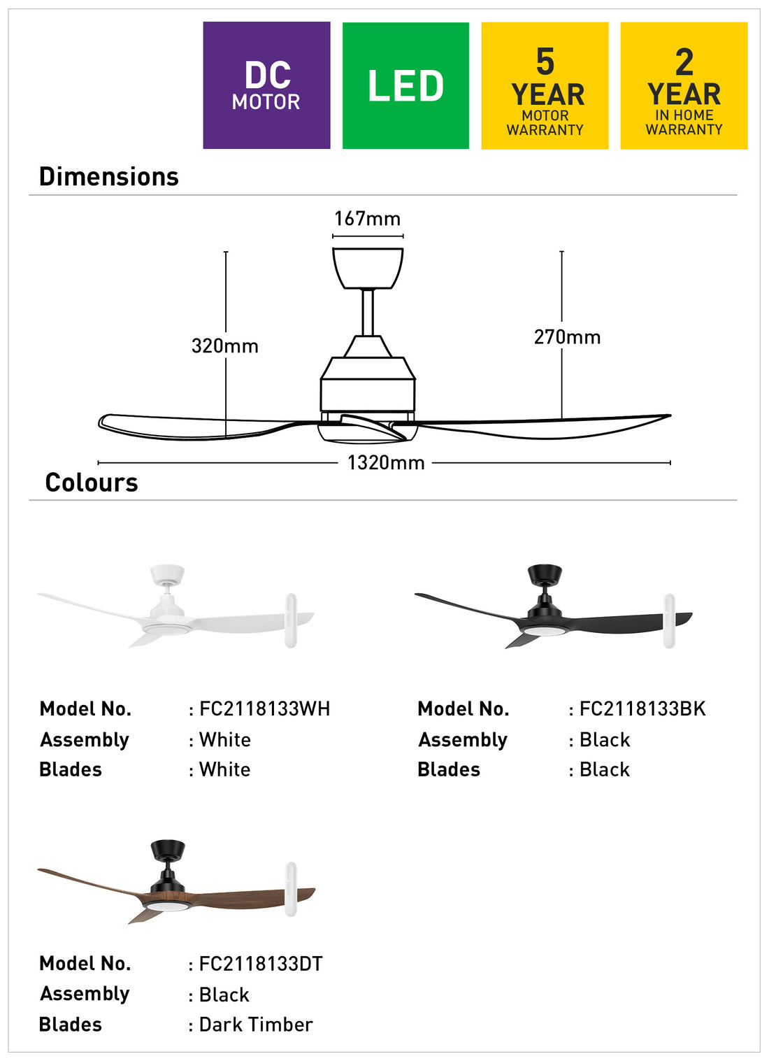 Jota 132cm DC Ceiling Fan with LED Light and Remote - Dark Timber