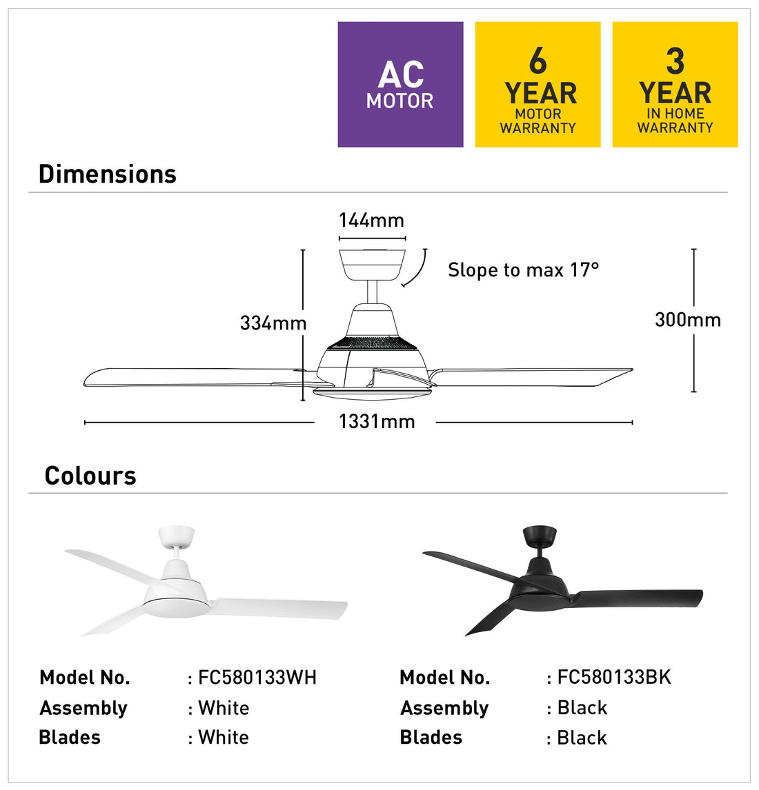 Airventure 133cm AC Ceiling Fan - Black