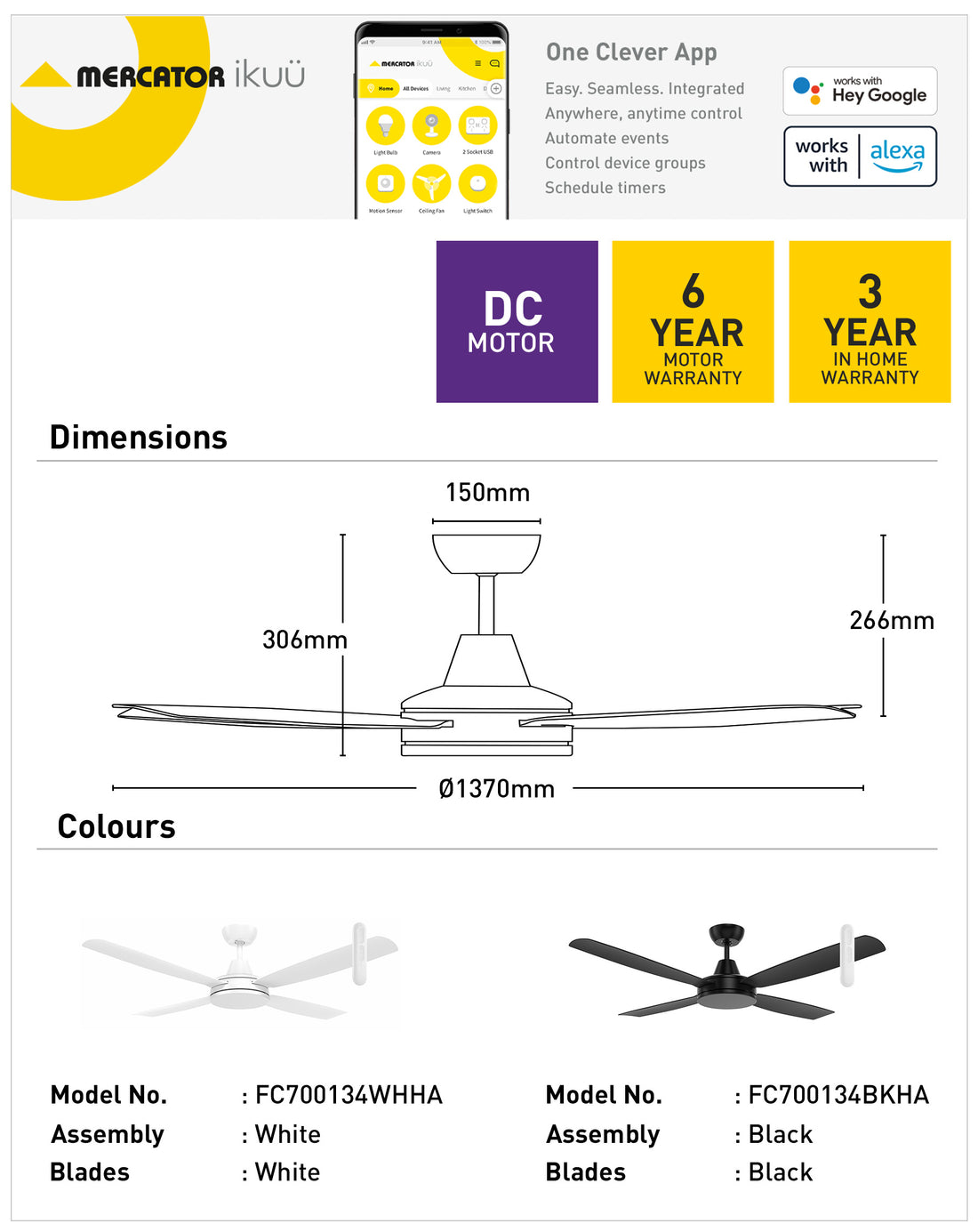 Nemoi 137cm DC Ikuü Smart Wi-Fi Ceiling Fan - Black