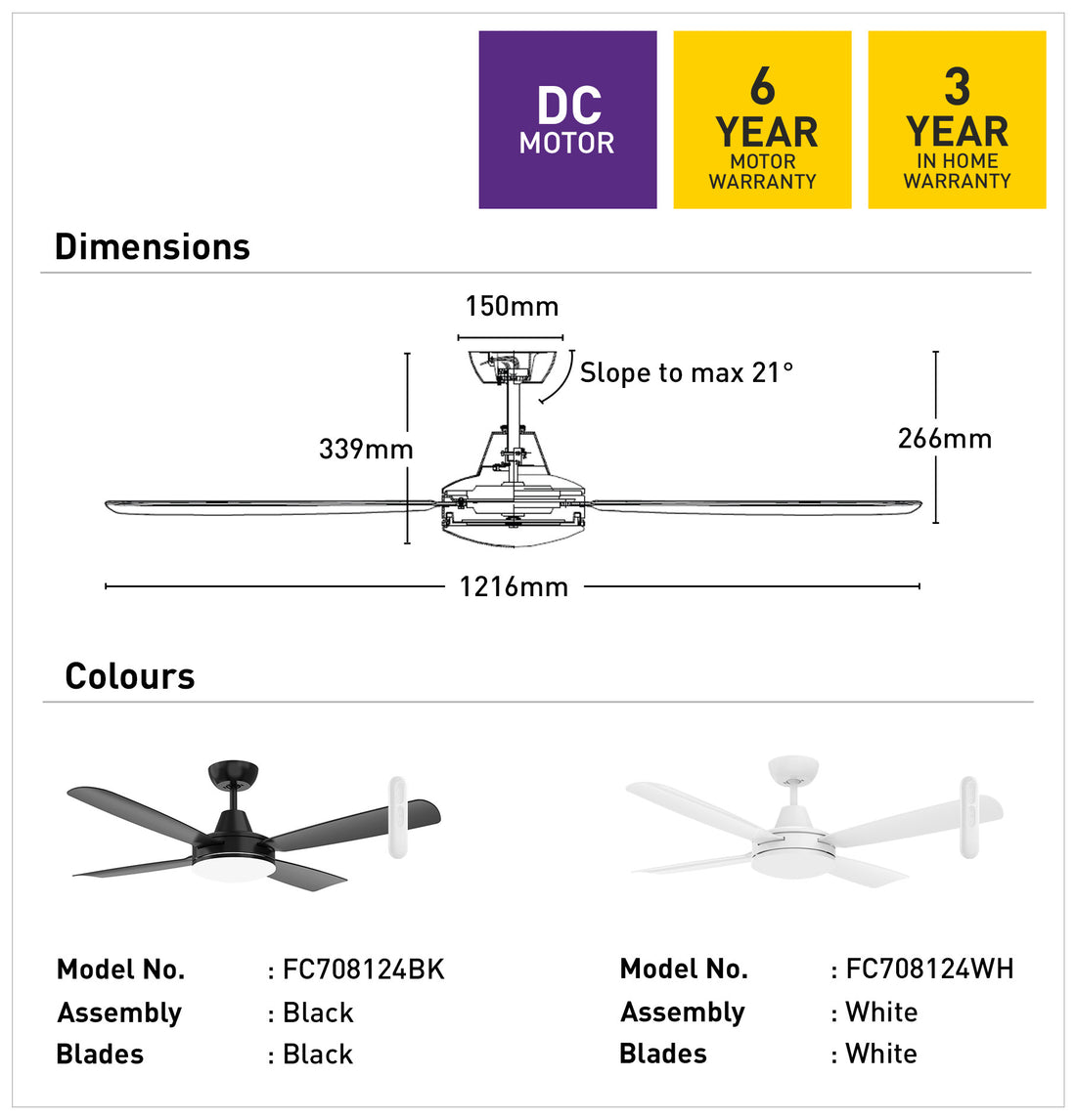 Nemoi Lite 122cm DC Ceiling Fan with LED Light and Remote - White