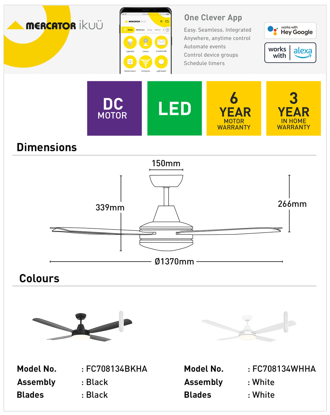 Nemoi 137cm DC Ikuü Smart Wi-Fi Ceiling Fan with LED Light - Black