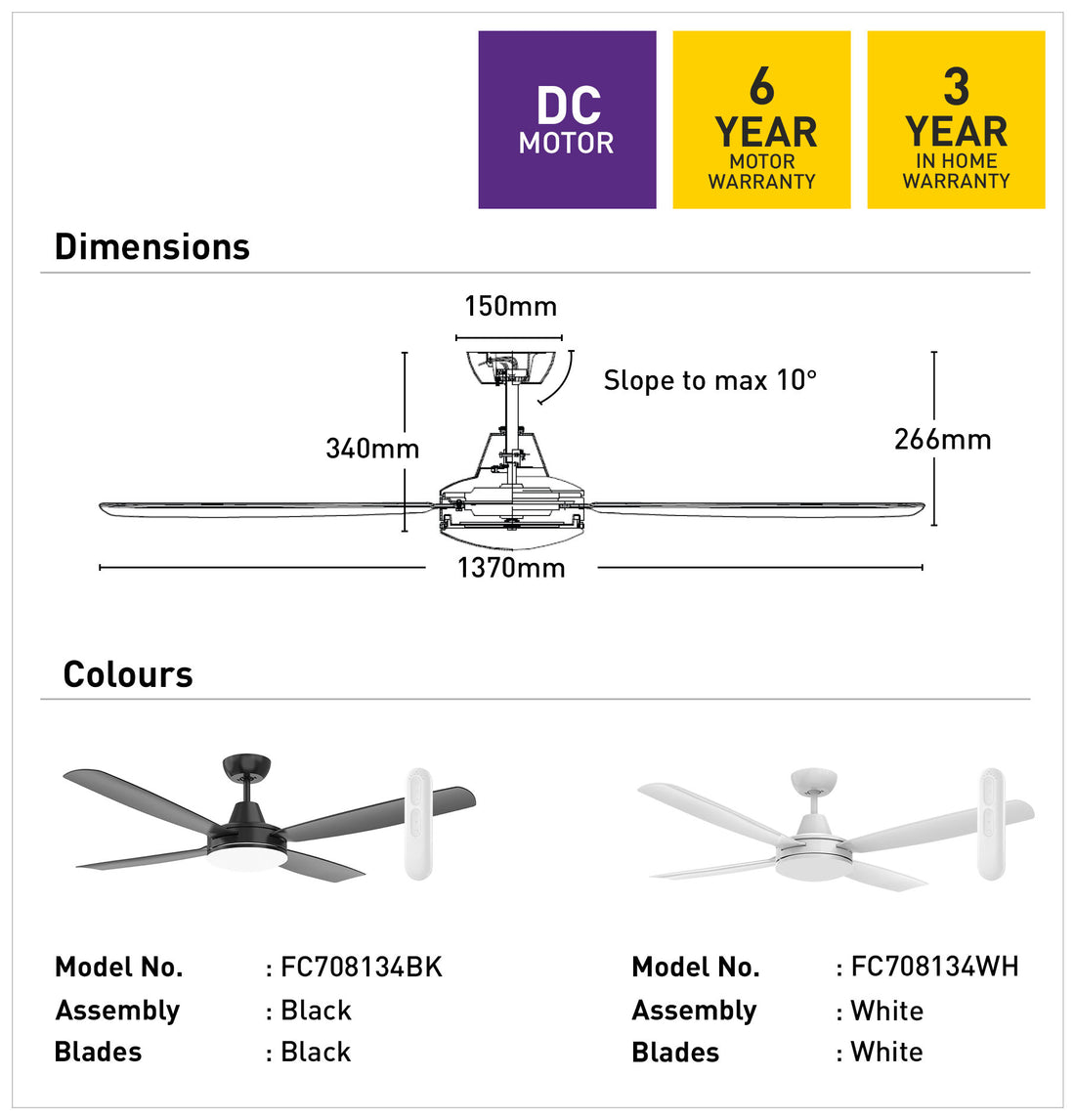 Nemoi 137cm DC Ceiling Fan with LED Light and Remote - Black