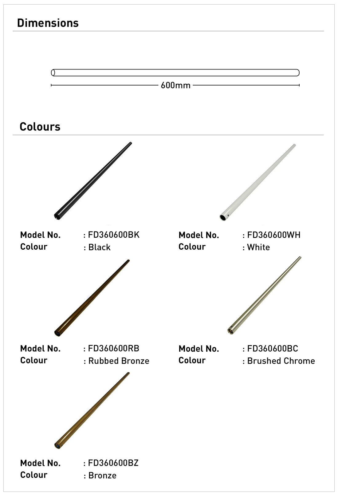 Downrod 600mm for Ceiling Fans - White