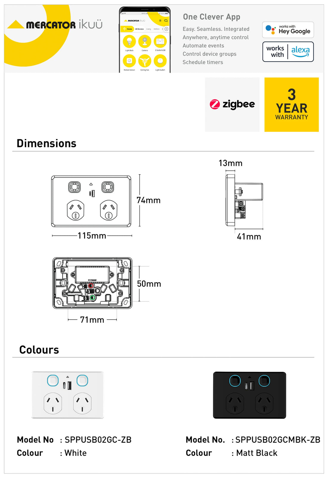 Mercator Ikuü Smart Zigbee Touch Control Double Power Point With USB A+C - White