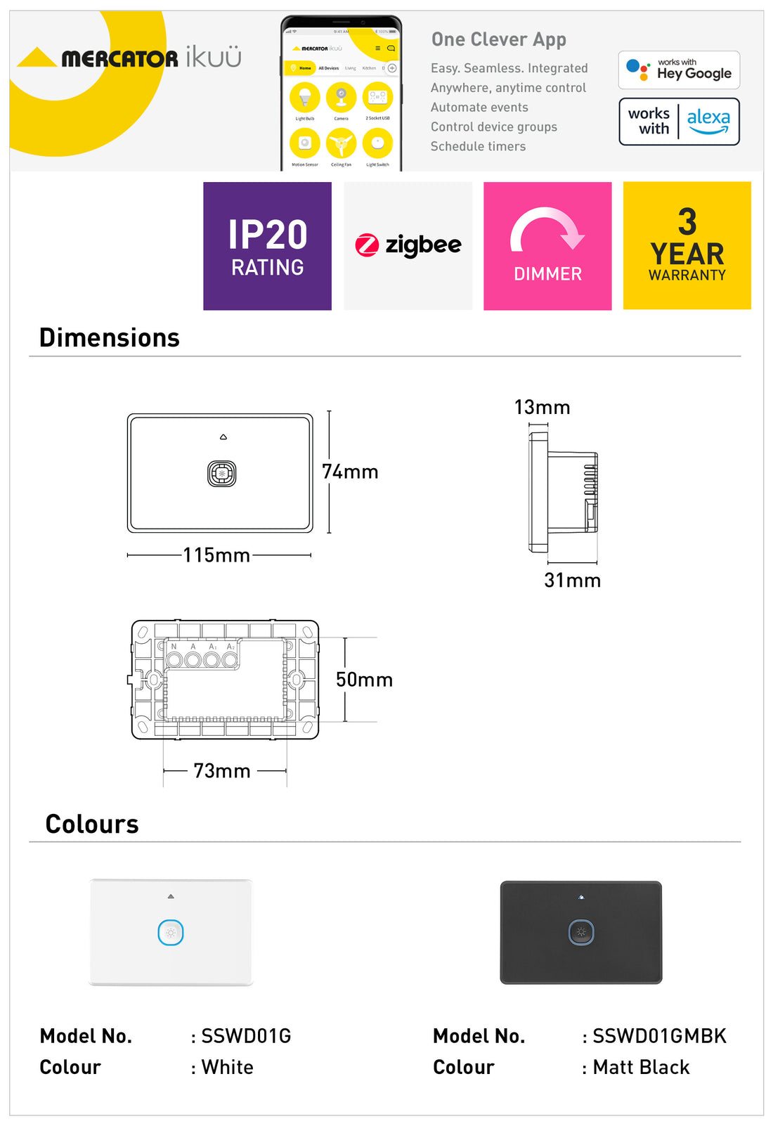Ikuü Smart Zigbee Light Dimmer Switch - White