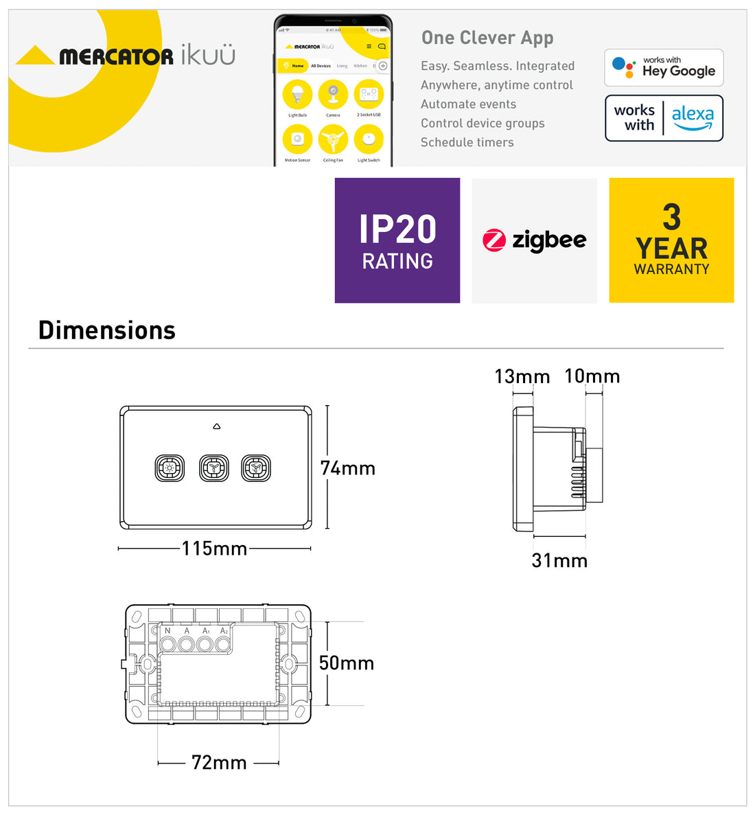 Ikuü Smart Zigbee AC Fan Controller With Light Switch