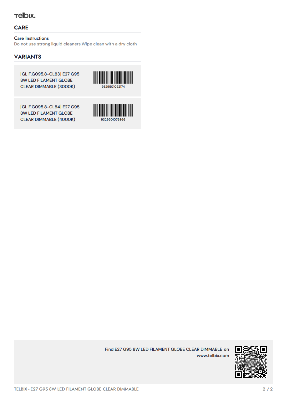 E27 G95 8W LED Filament Globe Clear Dimmable - 4000K