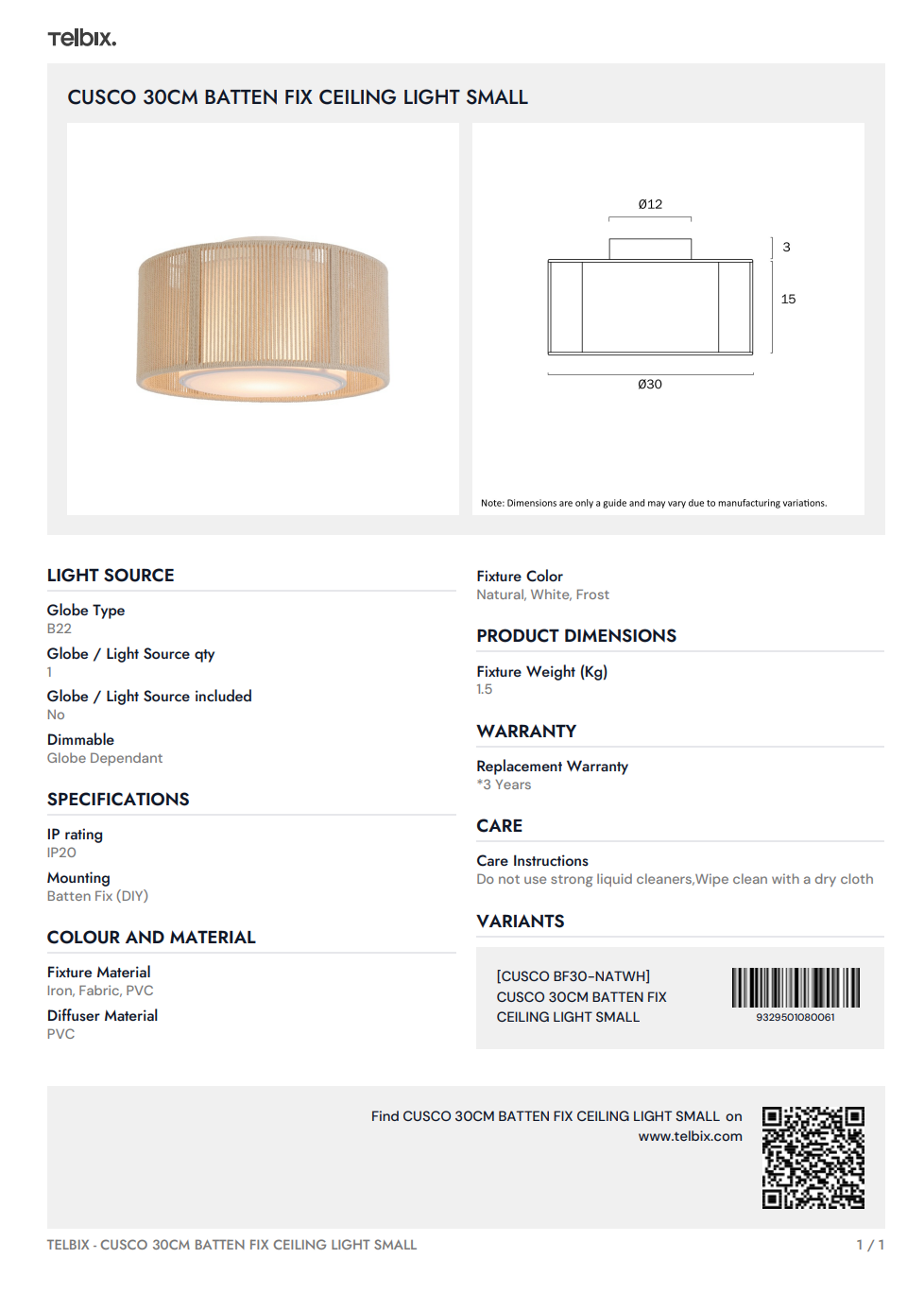 CUSCO 30CM Batten Fix Ceiling Light Small