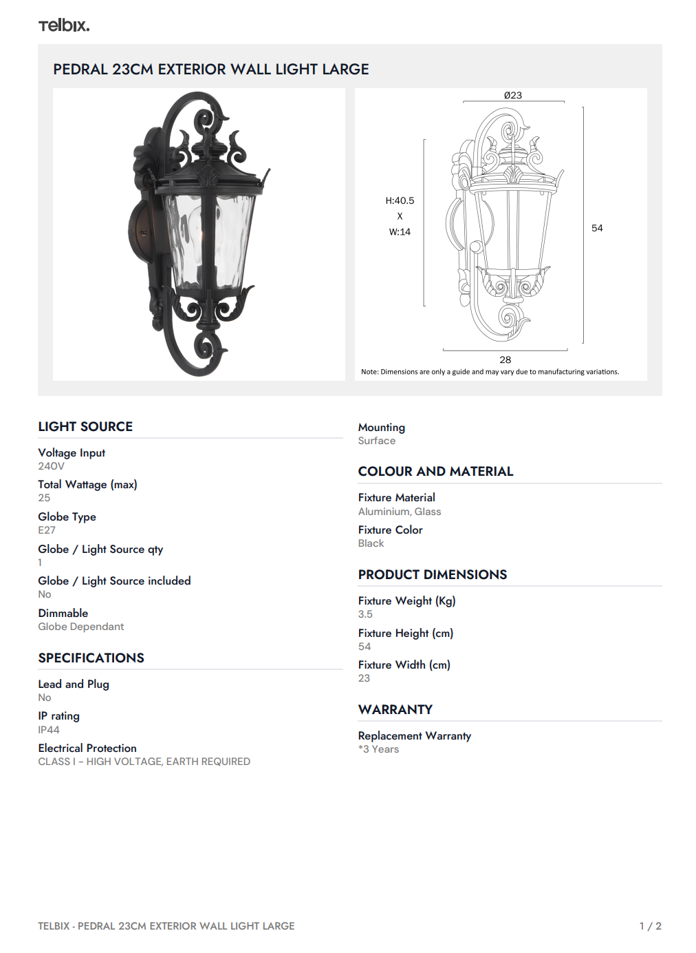 PEDRAL 23CM Exterior Wall Light Large - Black