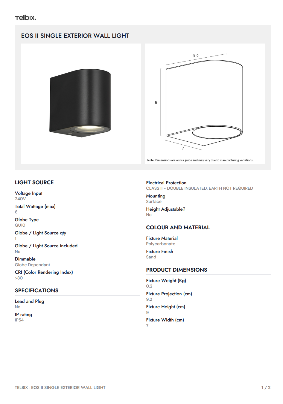 EOS II SINGLE Exterior Wall Light - Black