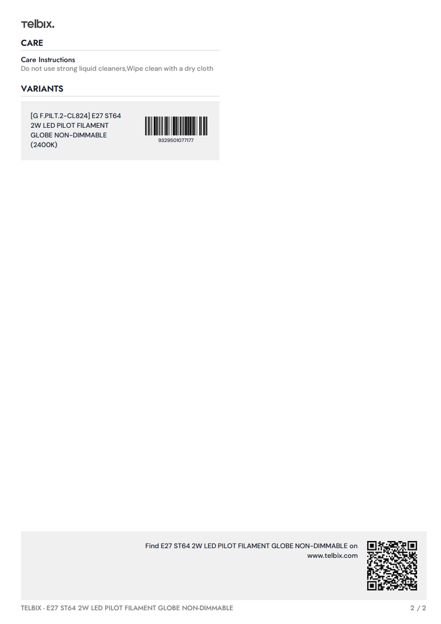 E27 ST64 2W LED Pilot Filament Globe Non-Dimmable