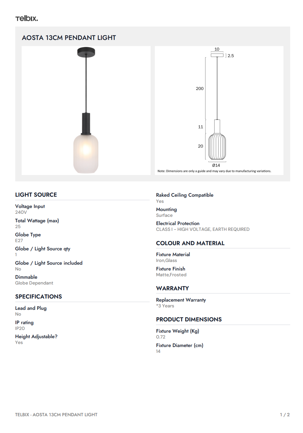 AOSTA 13CM Pendant Light - Black / Frost