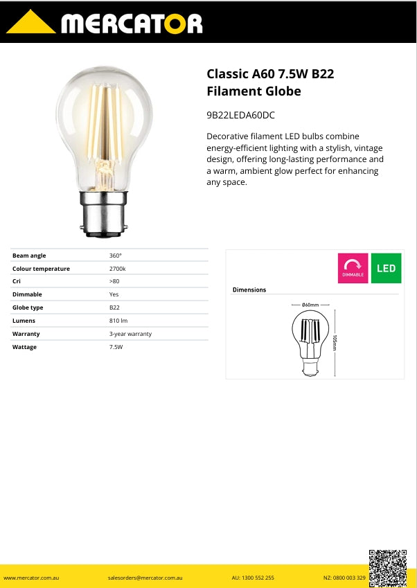 Classic A60 7.5W B22 Filament Globe