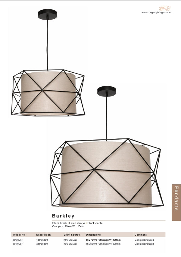 Barkley 1 Light Pendant - Fawn & Black