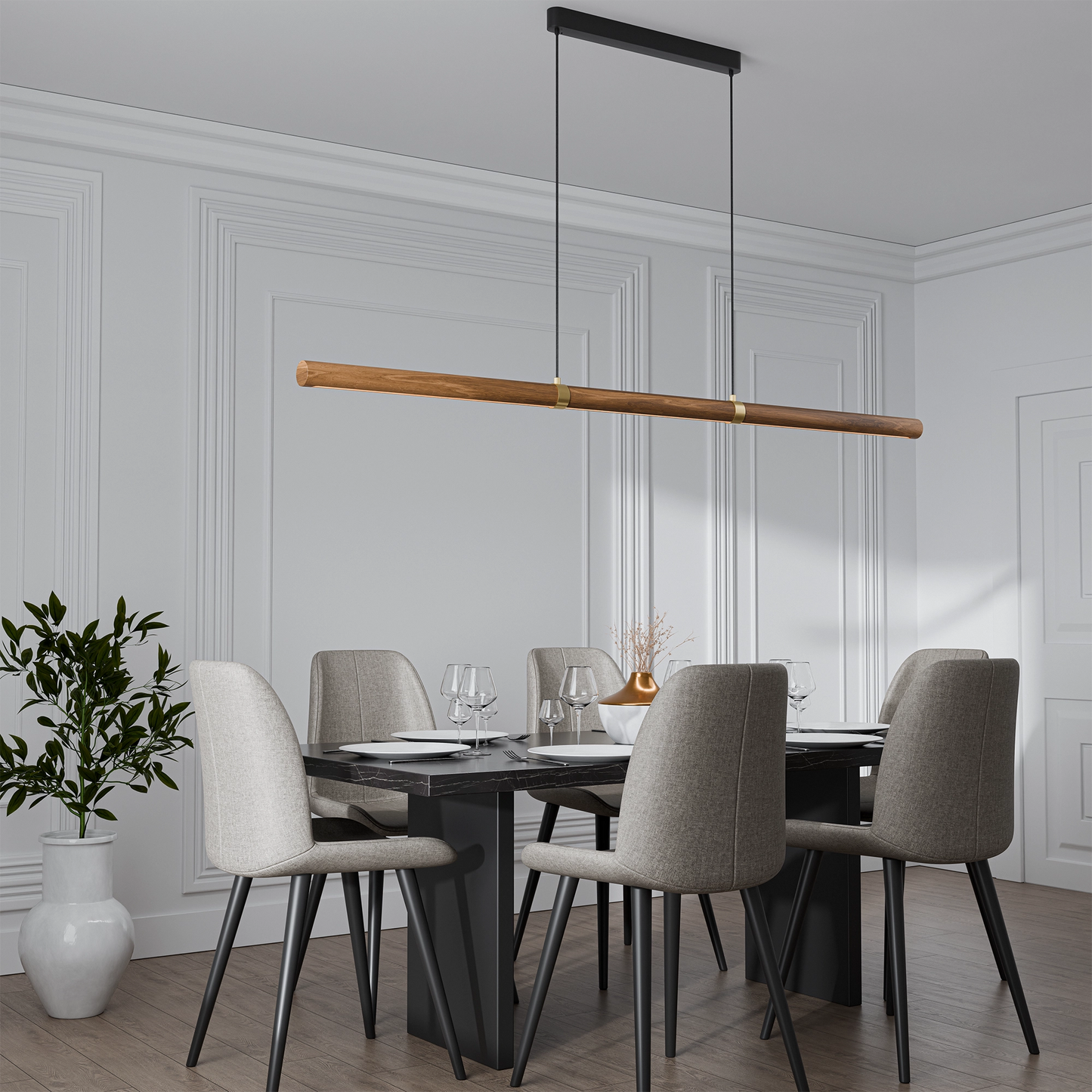 Calibo Aquila 1500mm Timber Tubular LED Linear Pendant with Brass Finish Collar - Walnut with Black