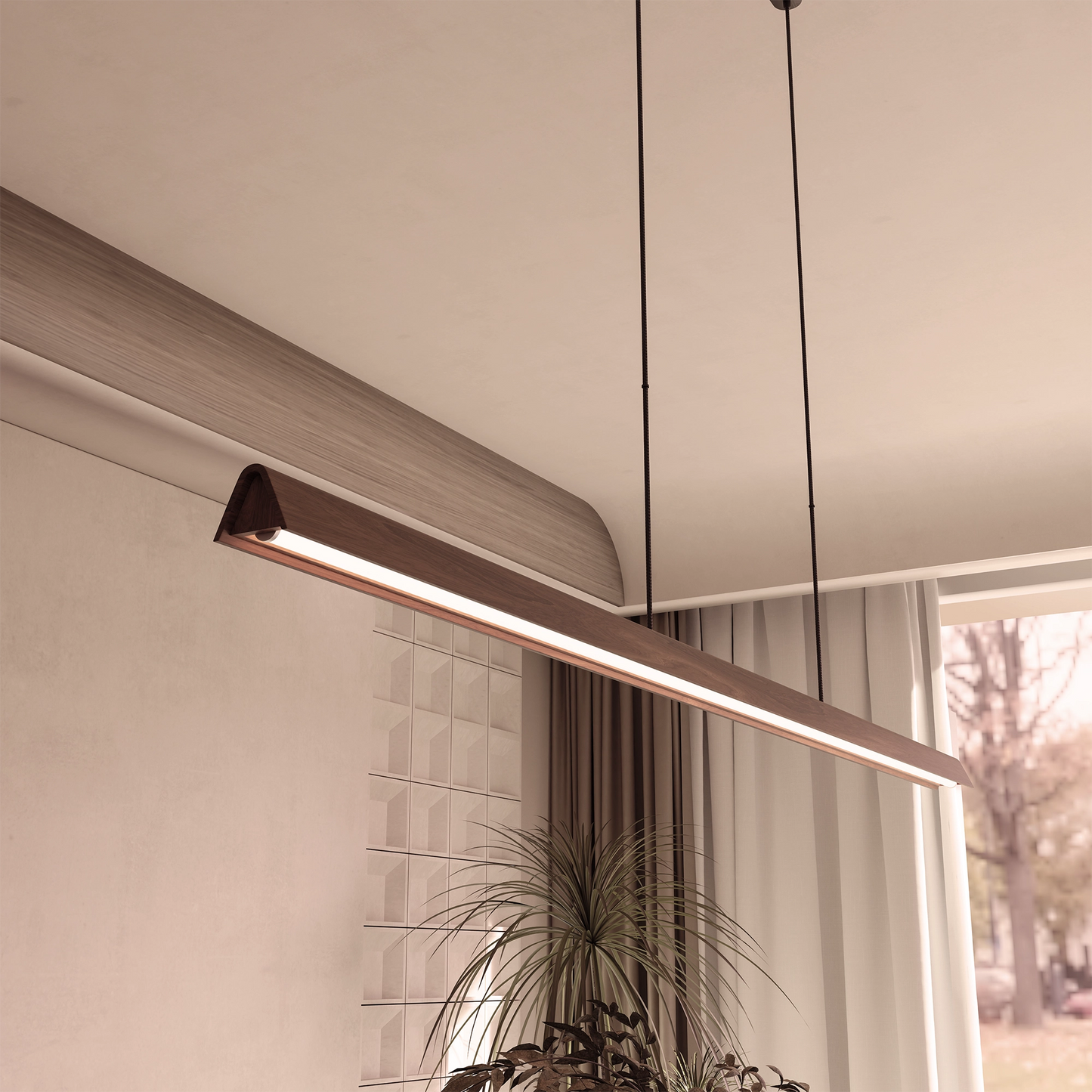 Calibo Avocent 1500mm Slim Timber Triangular Edge LED Linear Pendant - Walnut with Black