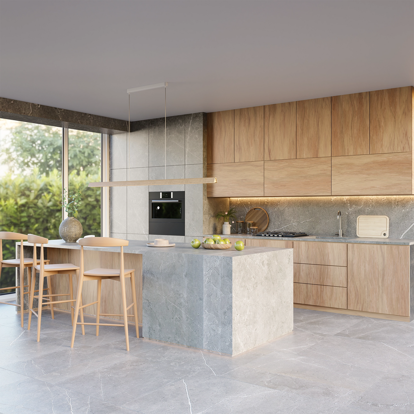 Calibo Avocent 2000mm Slim Timber Triangular Edge LED Linear Pendant - Ash with White