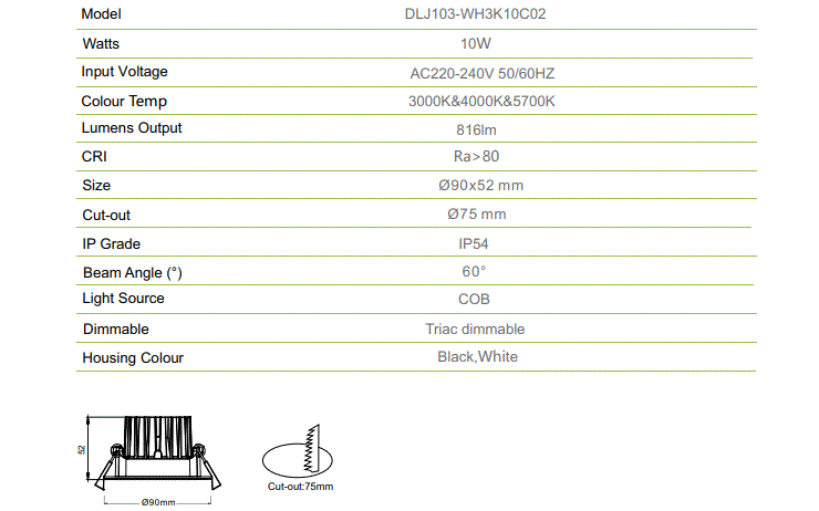 3A 10W Recessed Downlight DLJ103-WH3K10C02