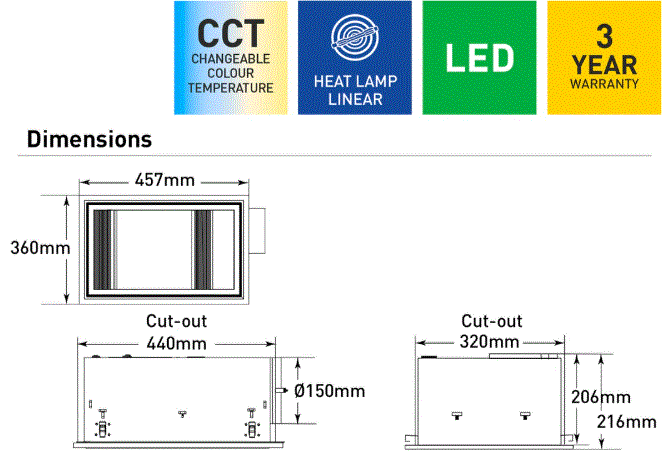 Domini 3-in-1 Bathroom Heater with Exhaust Fan and CCT LED Light- White