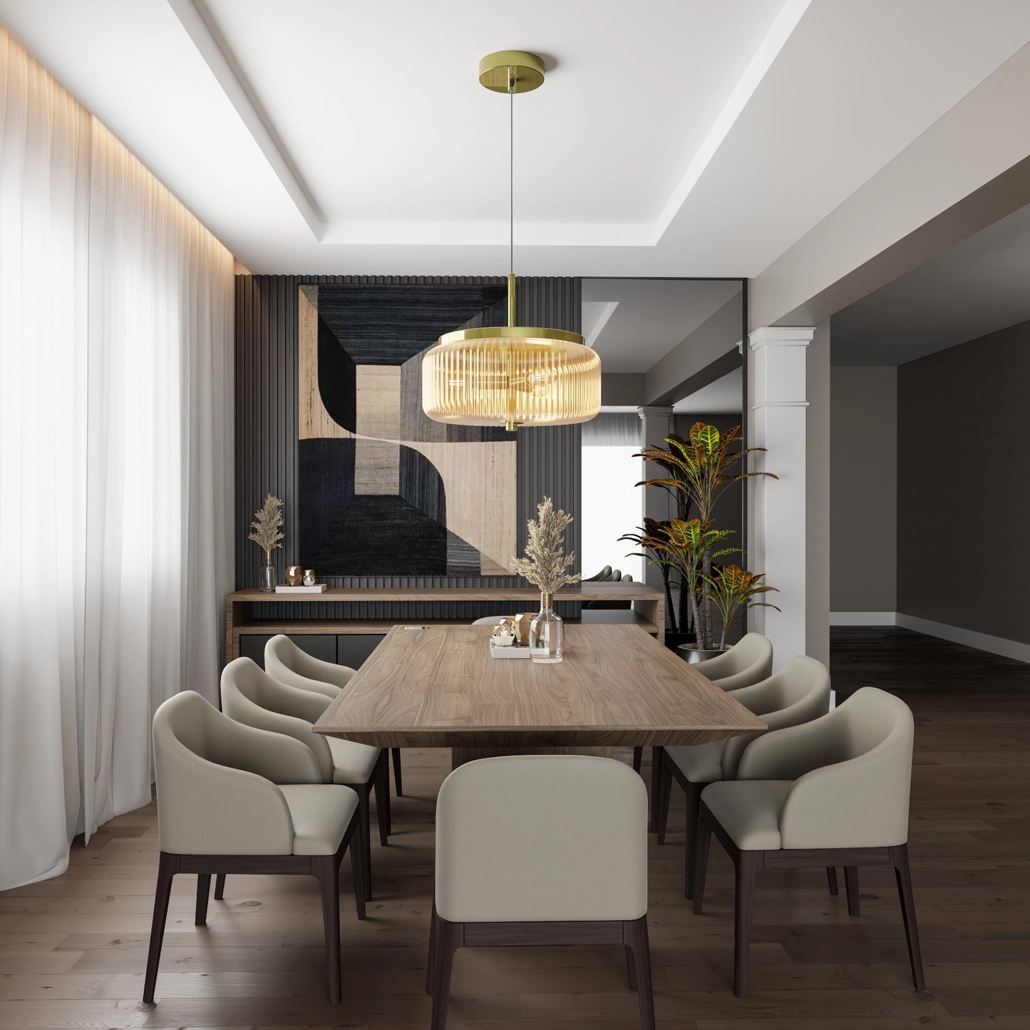 Calibo Whistler Ribbed Glass 3 Light Pendant - Gold and Amber