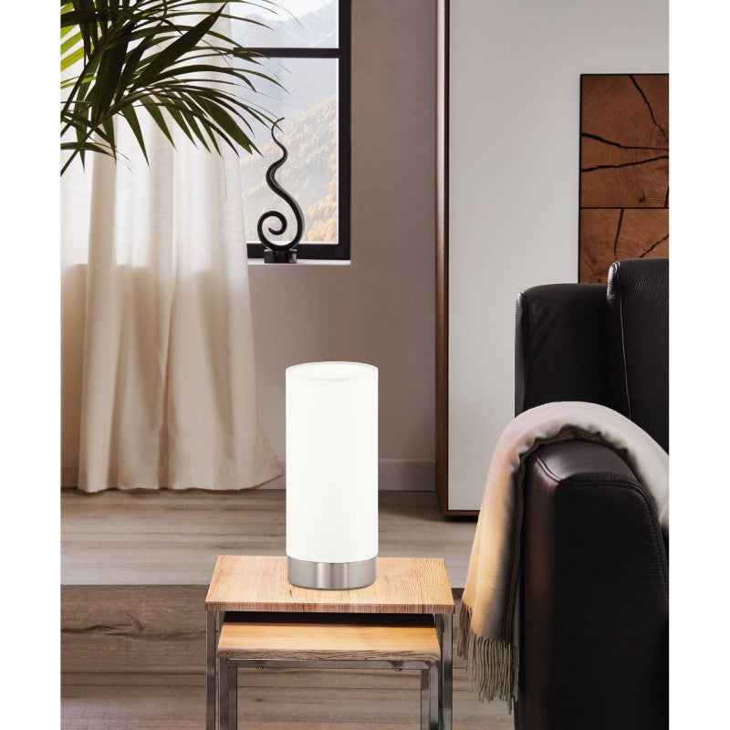 Pasteri Fabric Tube Table Lamp, White / Satin Nickel