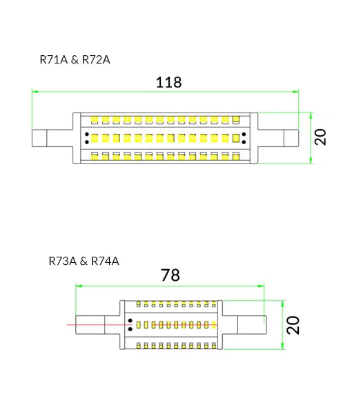 R7 LED Globes - Length: 118mm; Colour Temperature: 3000K