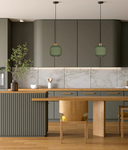 GOMITAS: Interior Translucent Glass Shade with Brass Highlight Pendant Lights - Green