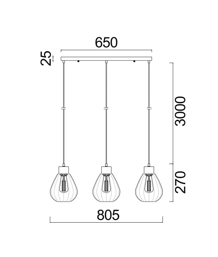 TULIP1X3S: Interior Smokey Black Wine Glass Ribbed Multiple Bar Base Pendant Light