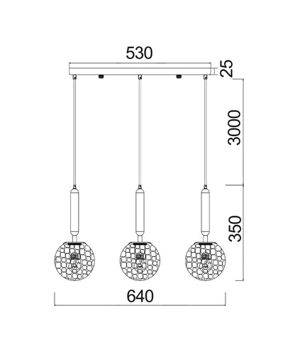 TRATTINO1X3S: Interior Smokey Black Spherical Glass Multiple Bar Base Pendant Light