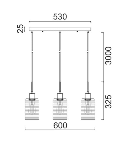 ESPEJO2: Interior Iron &amp; Rose Gold Oblong Glass with Line Effect Pendant Light - Multiple Bar Base