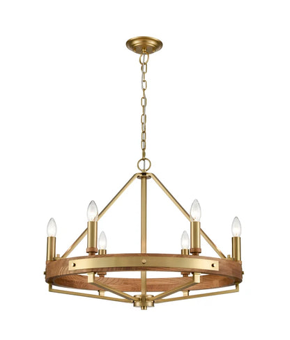 FUNALE: Interior Candelabra Oak Wood Satin Brass Hardware 6-Light Pendant Lights