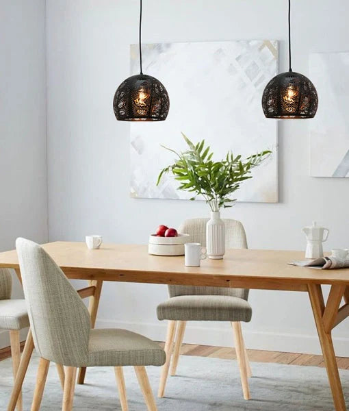 BOTANICA: Bohemian Embossed Dome Shape Pendant Light - Black
