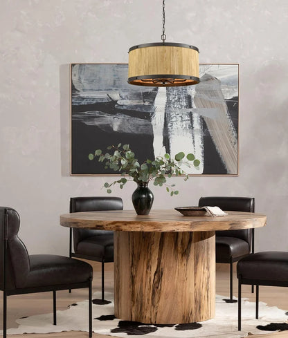 BARRIQUE: Retro Interior Large Drum Natural Wood Pendant Light