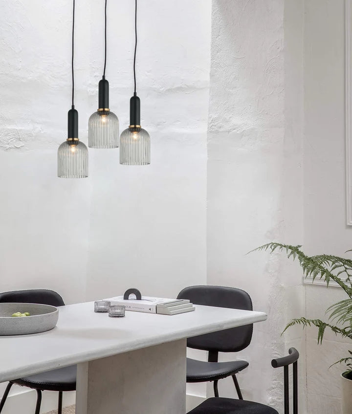 VINTAJ: Retro Interior Ellipse Shape Ribbed Glass Pendant Lights - Clear