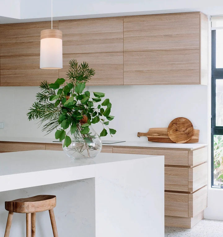 TAMBURA: Scandinavian Small Round Cloth Shade with Wood Veneer Trim Pendant Light - White