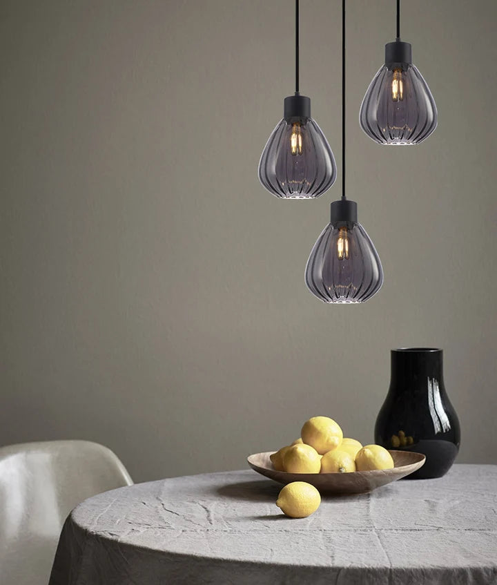 TULIP: Interior Smokey Black Wine Glass Ribbed Pendant Light
