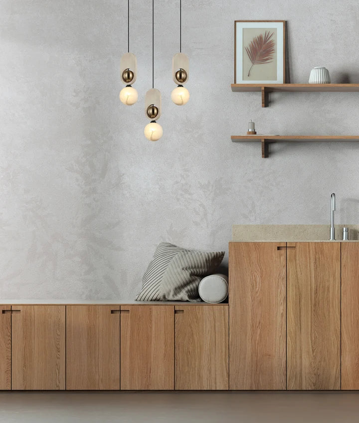 PALTA: Interior Sandblasted Opal Diffuser with Brass/Natural Wood Pendant Lights