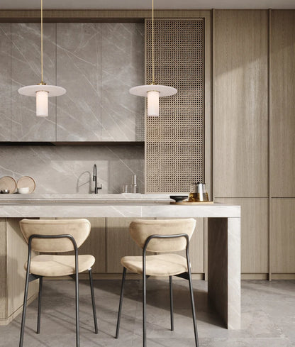LUCERNA: Interior Cylinder Round Hat Alabaster Shade Brass Highlight Pendant Light