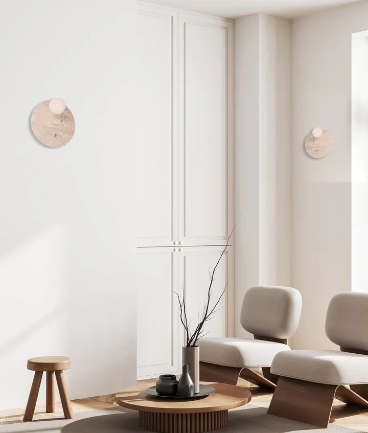 POI: Interior Round Travertine Base with Beige Finish & Round Opal Diffuser Wall Light