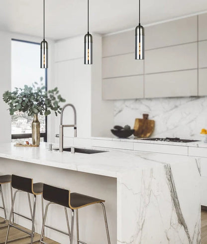 PASTILLE: Interior Round Top Cylinder Glass Smokey Black glass satin chrome highlight Pendant Light