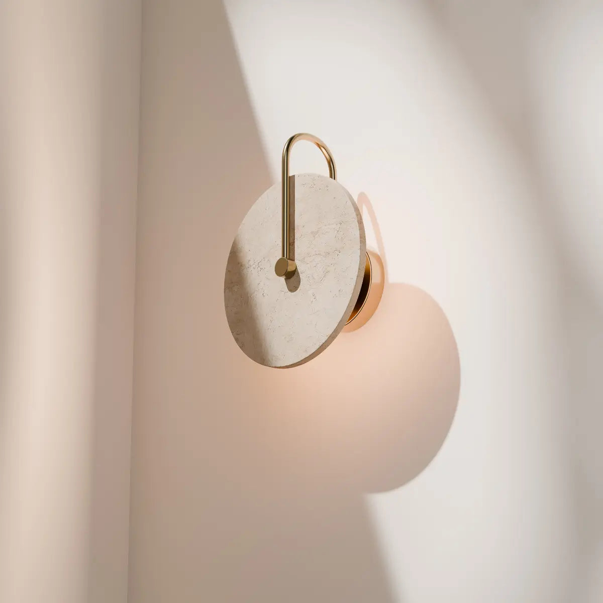 Calibo Orville Travertine 200mm Round Disc LED Wall Light with Brass Handle - Brass