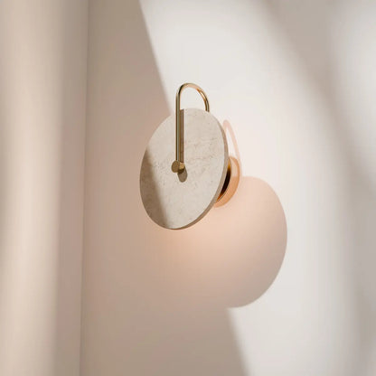 Calibo Orville Travertine 200mm Round Disc LED Wall Light with Brass Handle - Brass