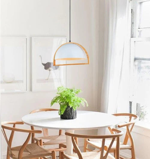 SWING3: Dome With Wood Frame Pendant Light - White