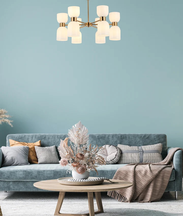 CLESSIDRA: Interior Mirror Finish Opal Glass Ellipse x12 Round Base Pendant Lights