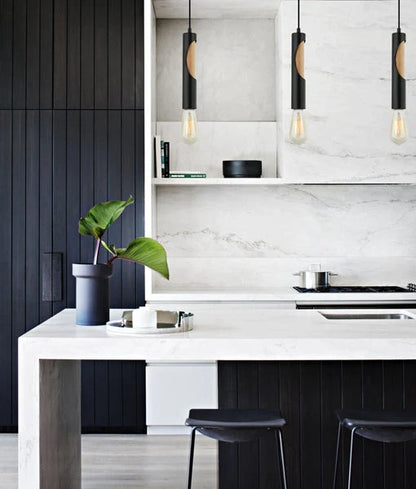 IDA: Interior Iron & Blonde Wood Tube Pendant Light - Matte Black
