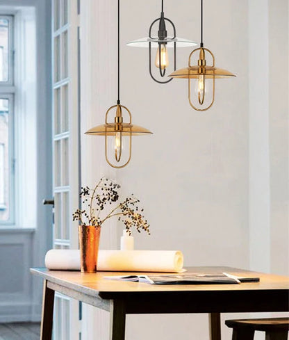 PAPILLON: Interior Oblong Iron with Glass Coolie Pendant Lights - Antique Brass