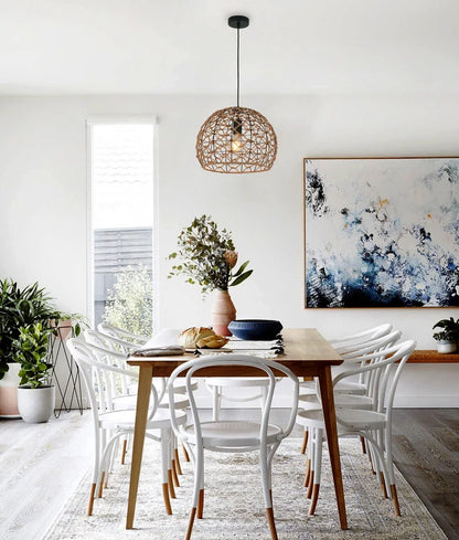 CANAMO: Bohemian Interior Natural Hemp Rope &amp; Black Hardware Dome Pendant Light