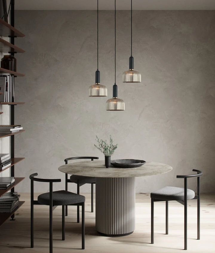 VINTAJ: Retro Interior Dome Shape Ribbed Glass Pendant Lights - Smokey Black