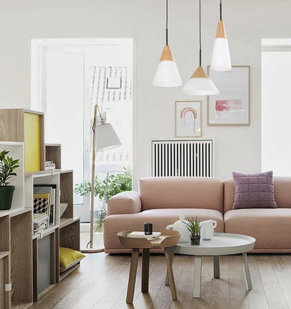 FINN: Scandinavian Blonde Wood & Opal Glass Wide Cone Pendant Light